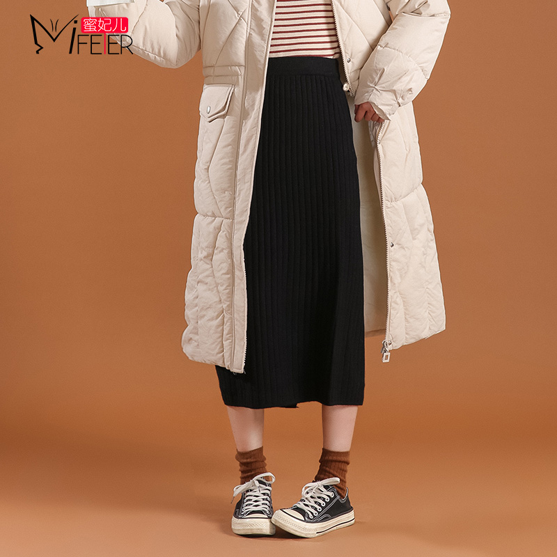 Honey Feier medium and long version knitted wool skirt hip skirt Women's autumn and winter high waist winter skirt a-line pleated one-step skirt