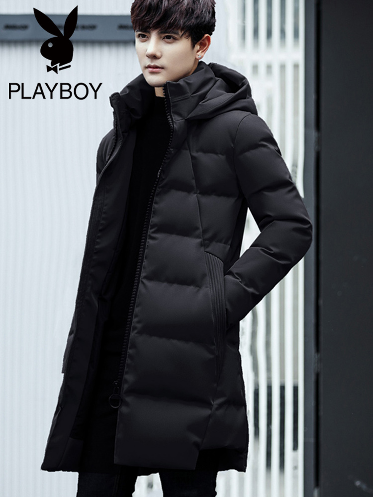 Playboy cotton-padded jacket winter thickened mid-length cotton-padded jacket men's winter warm jacket Korean version of the trendy men's cotton-padded jacket