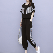 Large size womens summer fashion two-piece suit casual sports 2021 new fat mm loose top cover belly