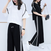  Fat mm large size womens clothing thin 2021 new summer western-style top to cover the stomach two-piece suit wide-legged pants