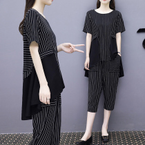 Large size womens clothing fat mm two-piece suit spring 2021 new summer sports casual fashion belly cover-up top