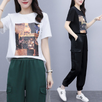 Large size womens summer two-piece suit fashion sports casual pants 2021 new trendy fat mm loose temperament