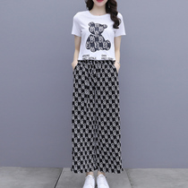 Two-piece suit 2021 new large size womens loose casual wide leg pants fat mm summer clothes show thin age-reducing foreign style