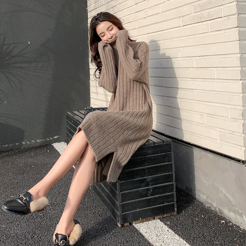 Knitted Ocean Dress Woman Thickening 2022 Spring Autumn New Korean version of the long version of the half-height collar with bottom sweater skirt