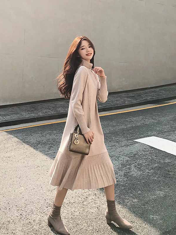 Long dress with great dress, long version of sweater dresses with kneecap in kneecap style knit for women's spring and autumn new