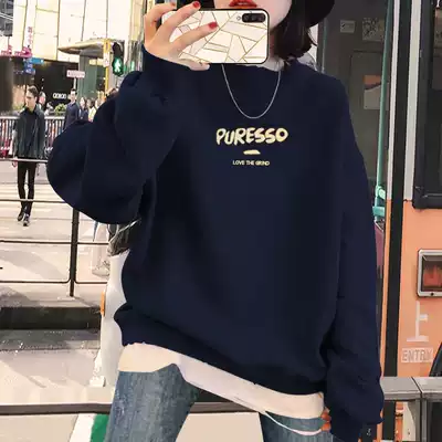 Korean fake two-piece sweater female pullover spring and autumn 2021 new round neck Korean student loose bf lazy top