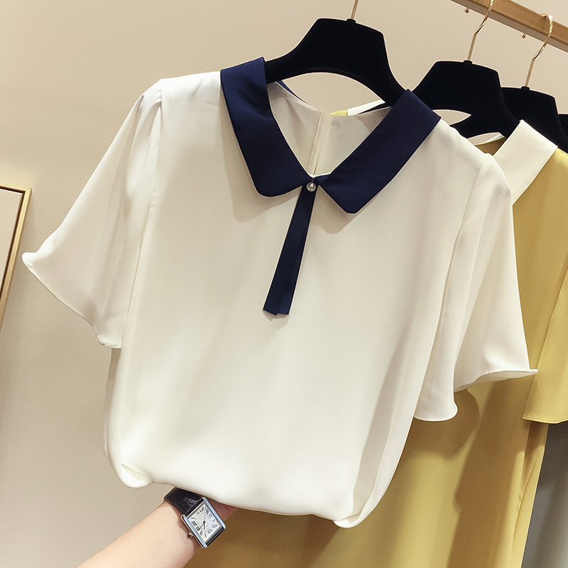 Snowspun Shirt Woman 2022 Summer new Korean version Temperament Slim lace splicing pure colour set head short sleeve blouse