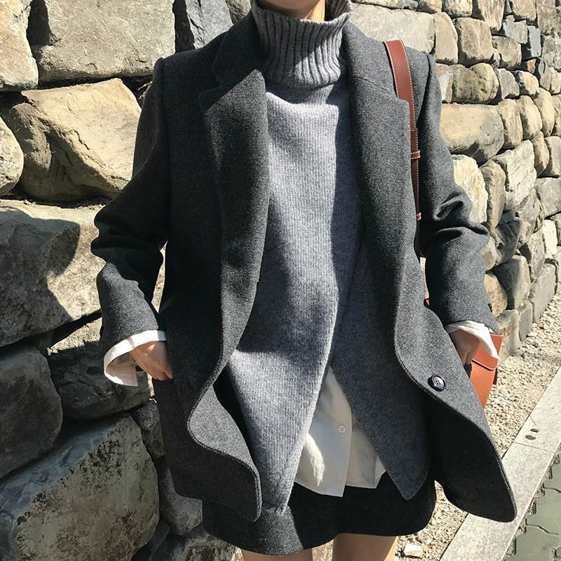 Grey suit jacket female Korean version of autumn and winter 2022 new casual British wind long version wool tweed small suit