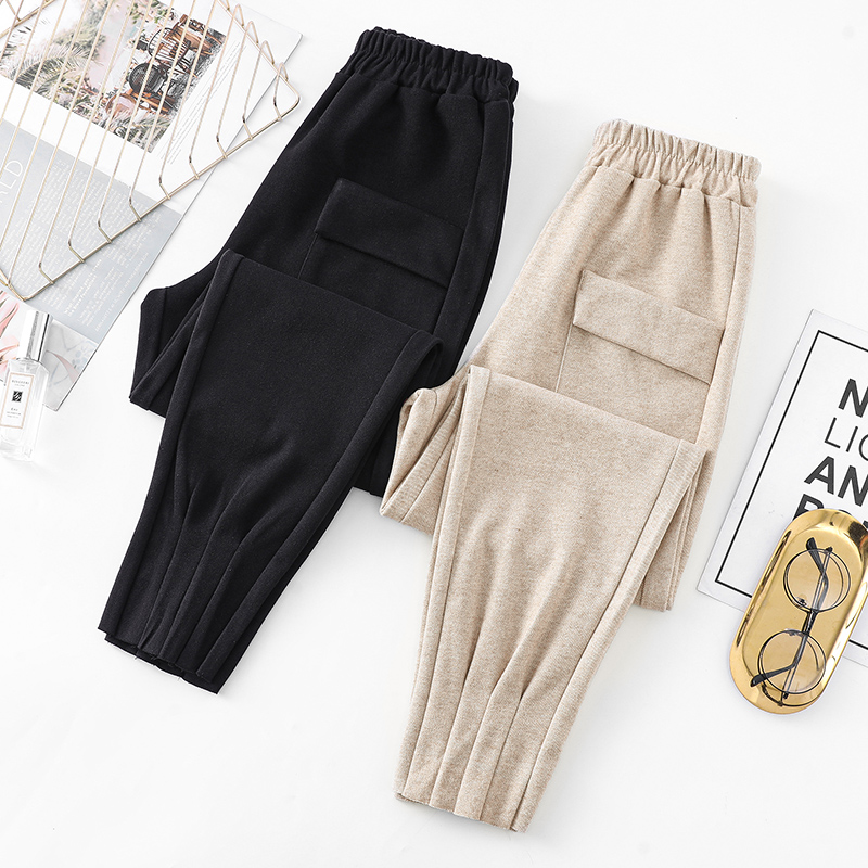 Woolen sports pants women in autumn and winter 2022 new Korean version of high waist tied feet Harlan pants plus velvet lob casual pants