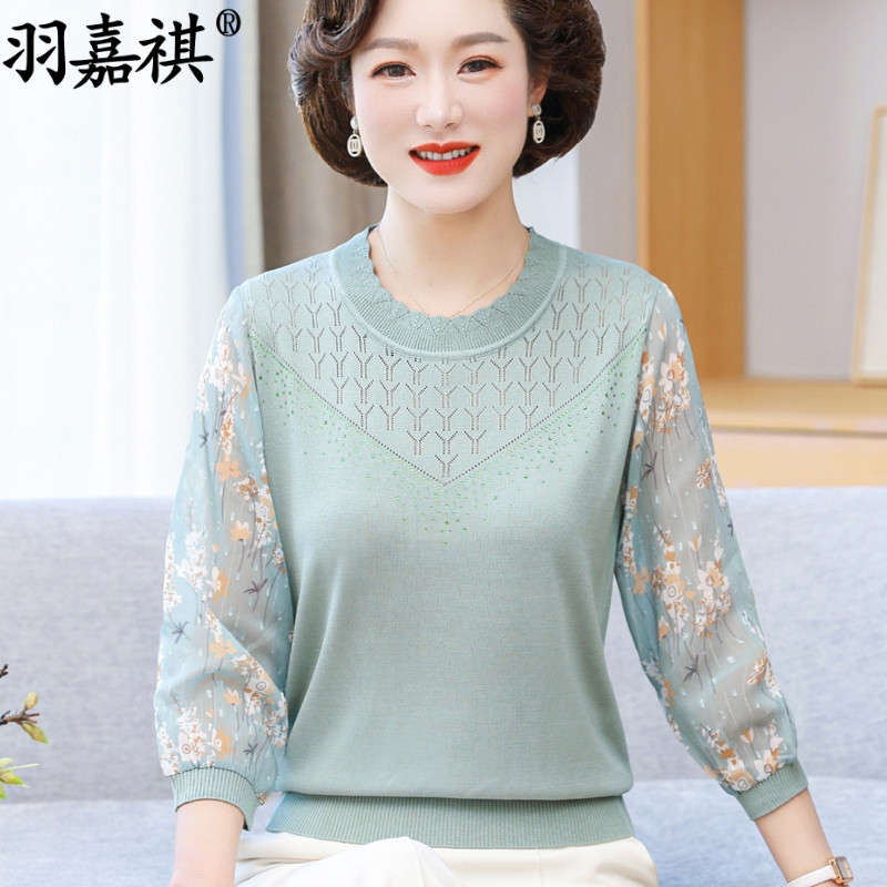 New Style Mother's Clothing Spring and Summer Gauze Sleeve Top, Stylish Middle-Aged and Elderly Women's Summer Knitted Base Seven-Quarter Sleeve T-Shirt Blouse