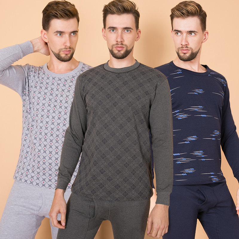 Autumn clothing sanitary pants suit men's cotton thin round neck inner sweater sanitary pants dad autumn and winter cotton heating clothes