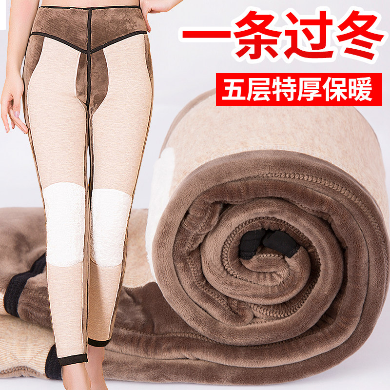 Glossy cotton trousers women's winter five-layer velvet high-waisted knee pad inner pants for middle-aged and elderly mothers thickened and slim warm pants