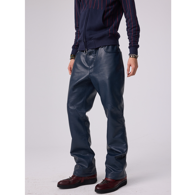 Aheu Blue Pu Leather Pants with Knee Bending and Stitching Design, Plaid Lining Work Pants
