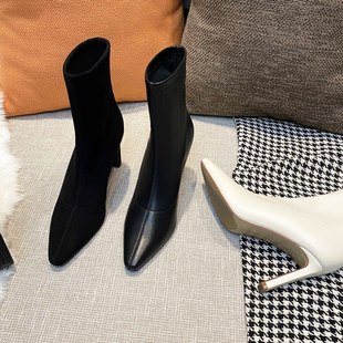 Boots for women 2024 autumn and winter new high-heeled women's shoes pointed toe short boots women's thick heel elastic slim boots mid-heel mid-tube
