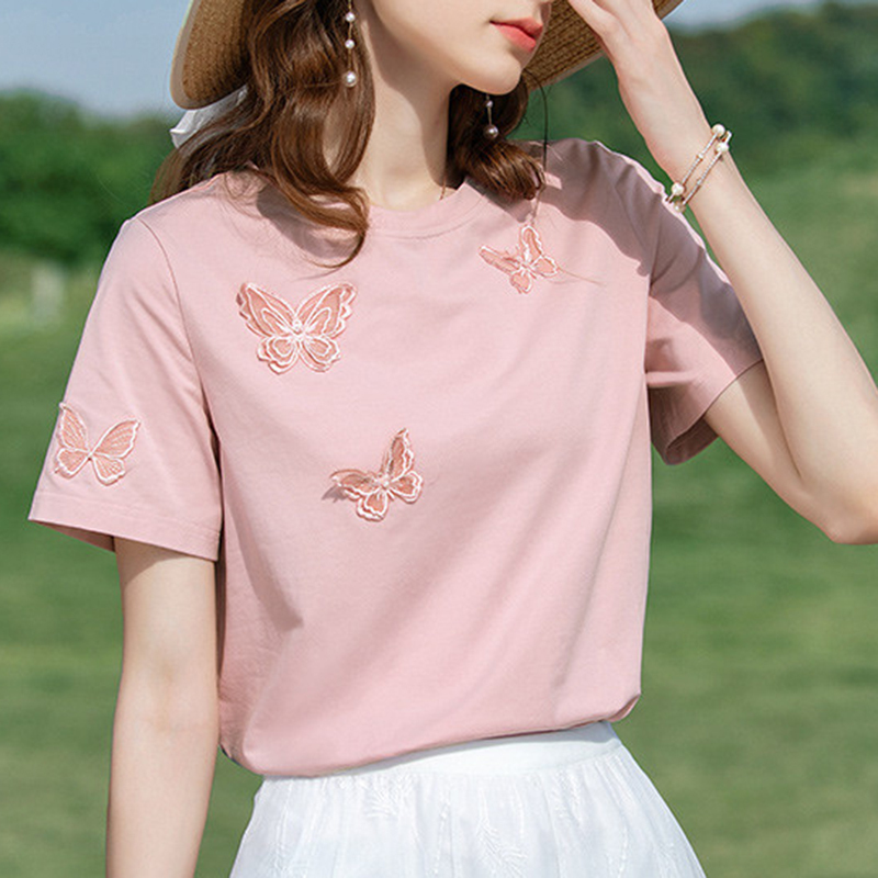 2025 Summer New Style Pink Cool Ice Porcelain Cotton Pearl Stereo Butterfly Short-Sleeved T-Shirt Women's White Top Chic 2025 Summer New Style Pink Cool Ice Porcelain Cotton Pearl Stereo Butterfly Short-Sleeved T-Shirt Women's White Top Chic