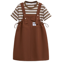 Girls dress for dress Summer 2024 new Yangqi Fashionable Harness Skirt Suit Summer Dress Striped Short Sleeve Child Skirt