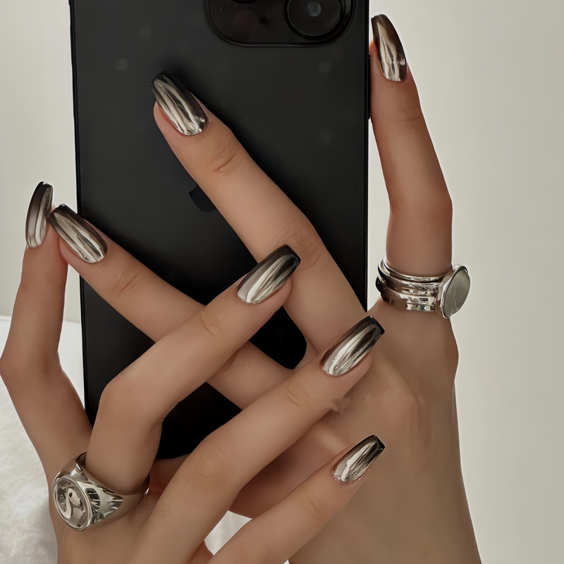 Hailey's Same Style Handmade Nail Patches, Black Gradient Silver Nail Art Finished Product, Long-Lasting Waterproof Removable Bridal Nail Patches