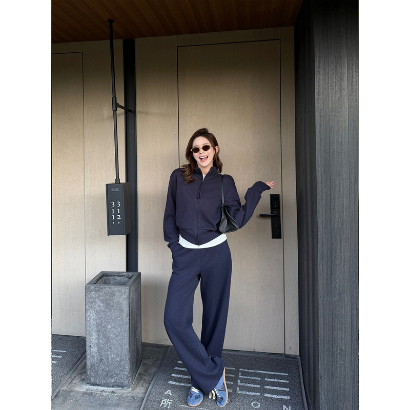 Junjun【Free Quadrant】Elegant Stand-Up Collar Cardigan Jacket and Straight-Leg Wide-Leg Casual Pants Two-Piece Set