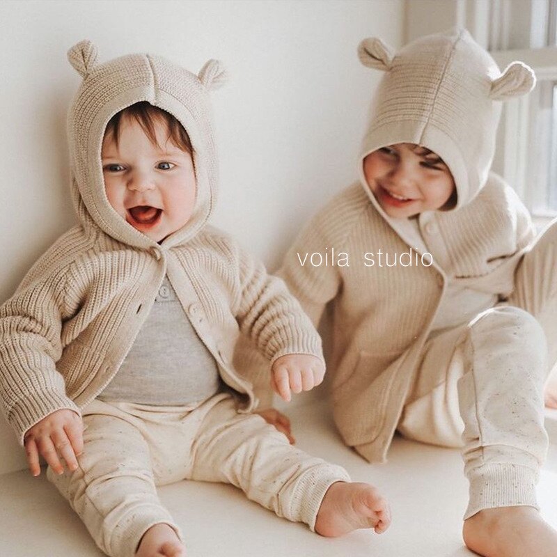 Bear Ear Sweater Cotton Knit Cardigan Baby Cute Boys and Girls Sweater Solid Color Jacket Casual
