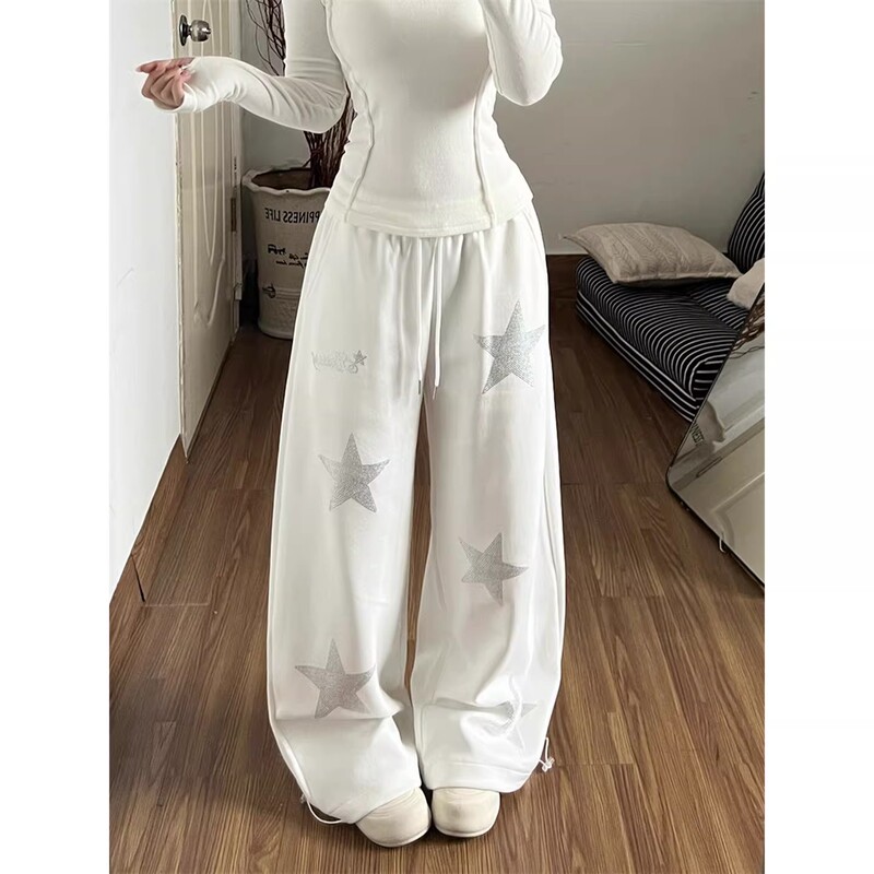 American Hip-Hop Star Rhinestone Drawstring Sweatpants for Women, Jazz Dance Casual Pants, Loose Fit, Trendy Wide-Leg Pants