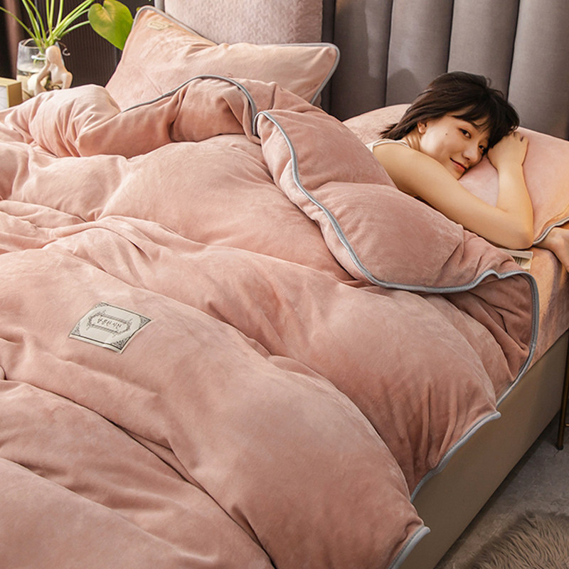 Thickened milk velvet four-piece warm coral velvet bed single double-sided velvet duvet cover flange crystal velvet bedding winter