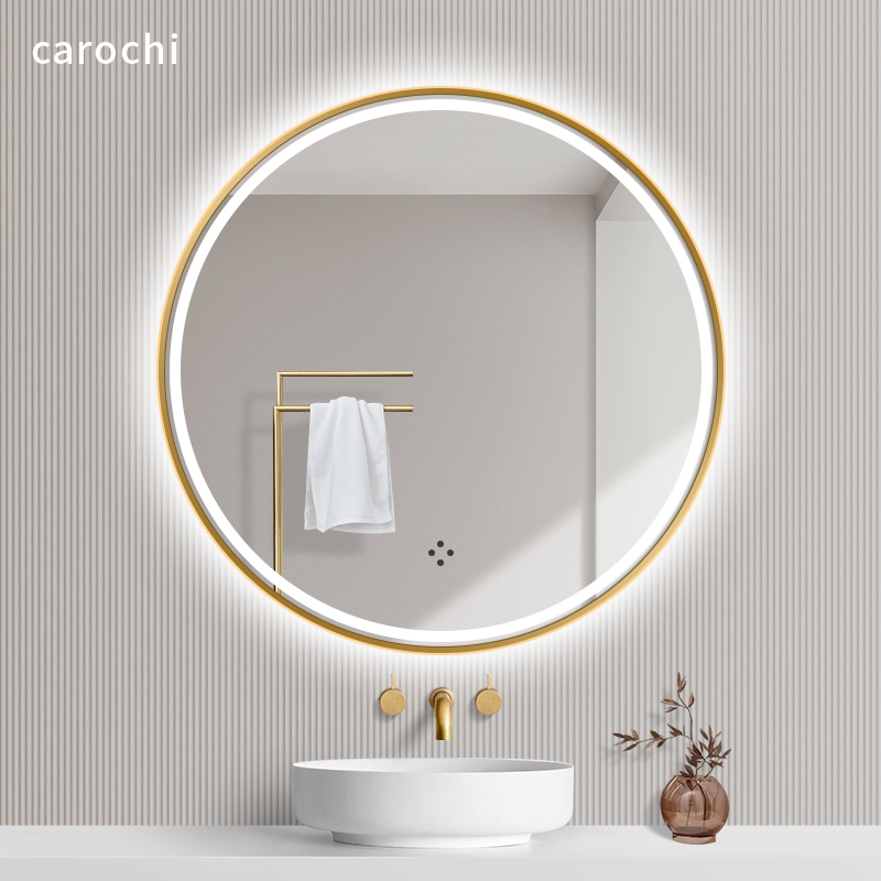 Round aluminum frame smart mirror Powder room mirror Wall-mounted LED light toilet wash anti-fog makeup mirror