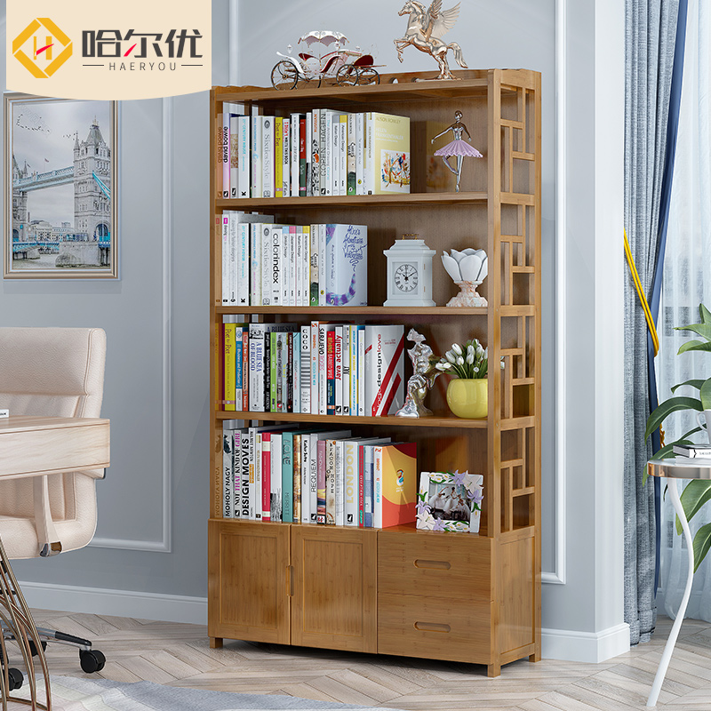 With Door Bookcase Bookshelf Children Simple Storage Minima Modern Solid Wood Floor Bamboo Shelving Multilayer Student Shelf