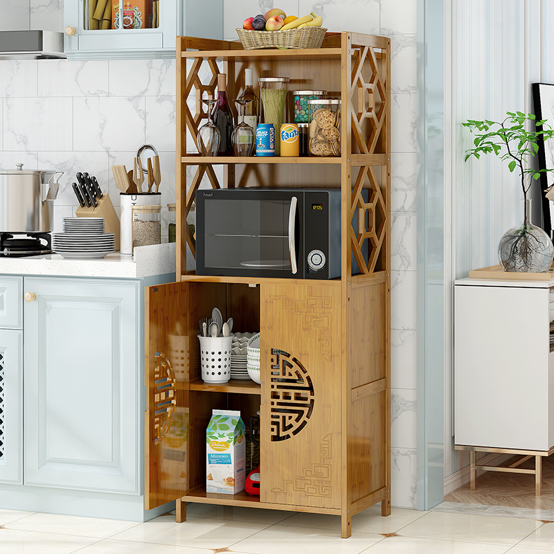 Kitchen bamboo antique shelf floor-to-ceiling multi-layer microwave oven shelf with door storage household space-saving