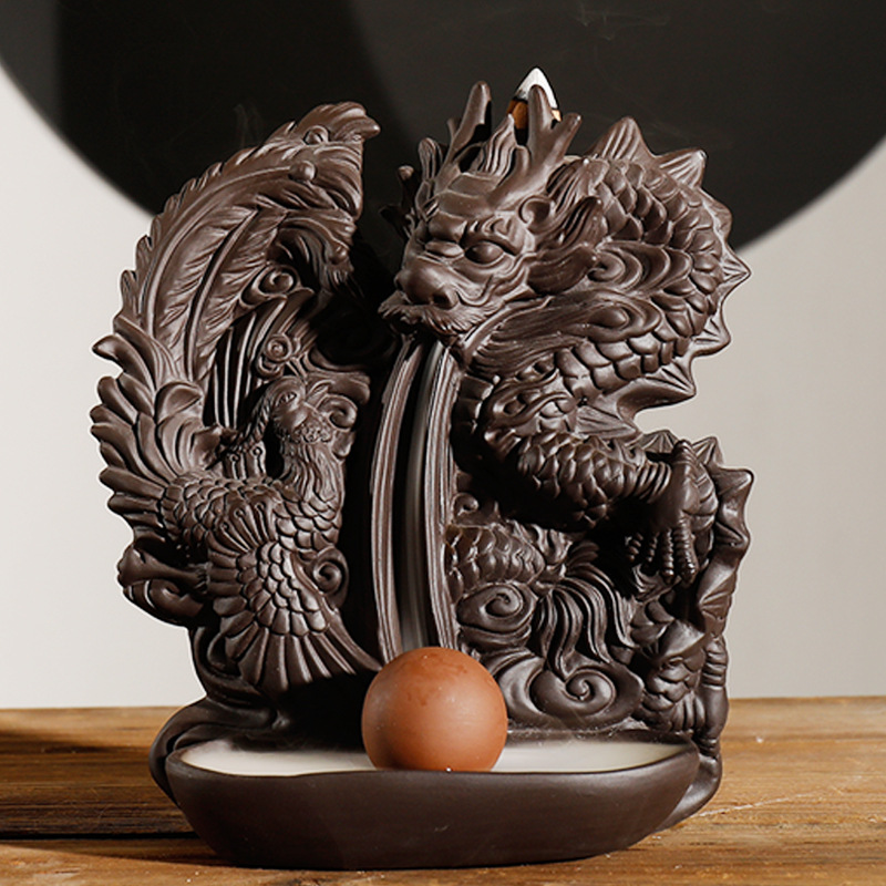 Purple sand smoke large backflow incense burner creative dragon and phoenix Chengxiang ornamental agarwood incense burner home Zen tea tray tea table decoration