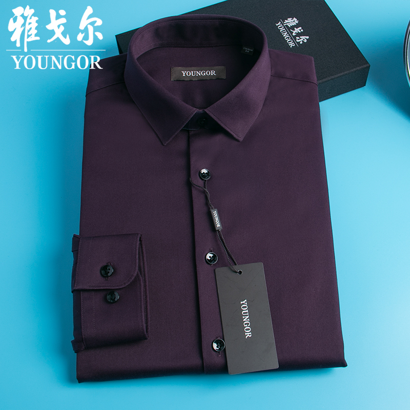 Youngor Men's Long-Sleeve Shirt, Business Casual, Slim Fit, Spring and Autumn Style, Deep Purple, Wrinkle-Free, Versatile Men's Shirt