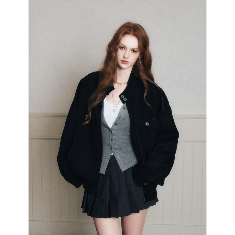 Luluswings Retro Workwear Style Design, Silhouette with Raglan Sleeves, Navy Blue Casual Short Jacket