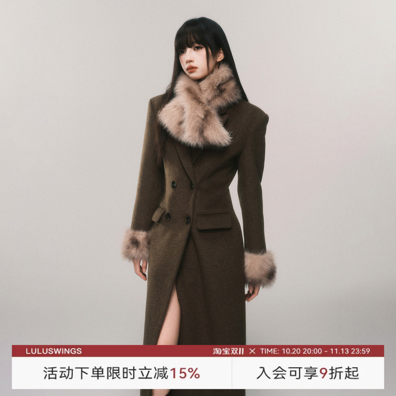 Luluswings Overseas Socialite Retro Fur Collar Waist-Cinching Hourglass Scarf Long Woolen Coat for Women Luluswings Overseas Socialite Retro Fur Collar Waist-Cinching Hourglass Scarf Long Woolen Coat for Women