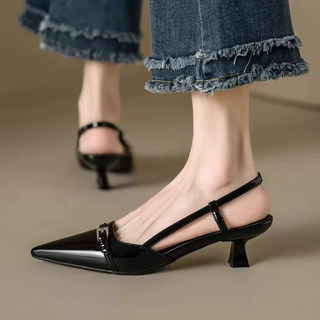 法式时尚小猫跟包头凉鞋女2025夏季新款气质性感尖头细跟后空单鞋