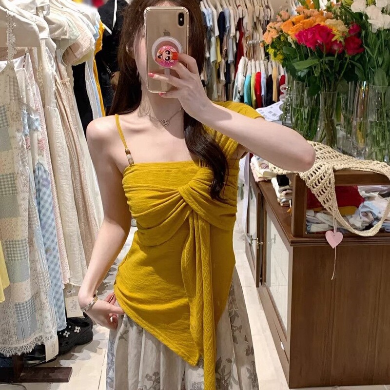 2026 New Fashion Yellow Twist Camisole for Women with Unique Design, Niche Summer Sleeveless Top for Women