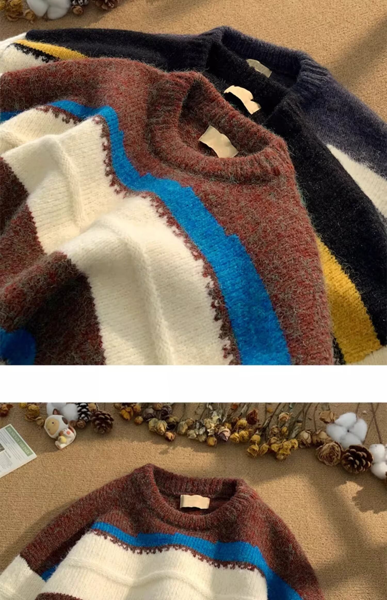 Minimalistischer Streifen-Pullover, vielseitig einsetzbar, Harajuku, lässige Strickmode, trendiger Hirschplüsch 610A-2-M23-P58_voghion.com