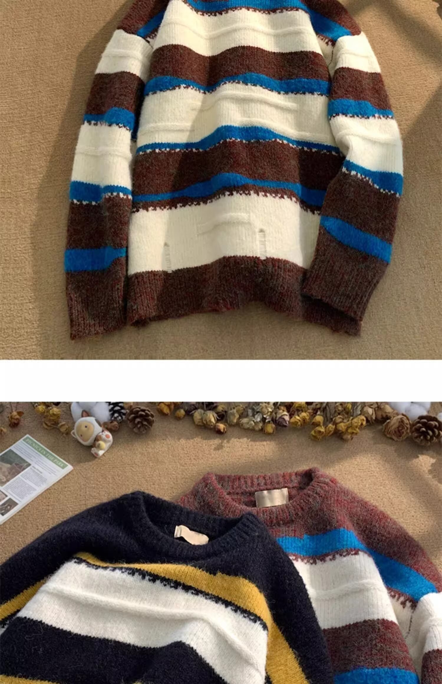 Minimalistischer Streifen-Pullover, vielseitig einsetzbar, Harajuku, lässige Strickmode, trendiger Hirschplüsch 610A-2-M23-P58_voghion.com