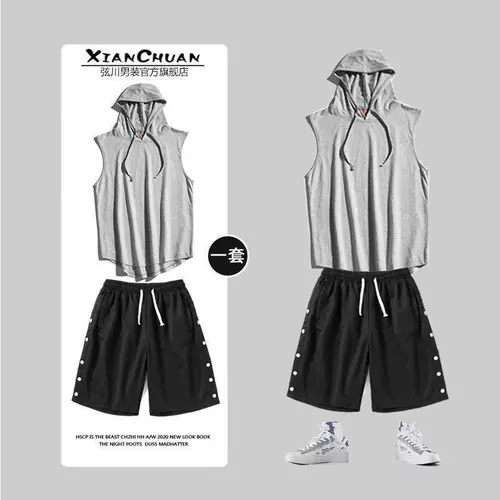 Летний комплект, толстовка с капюшоном без рукавов, жилет, спортивные шорты, штаны