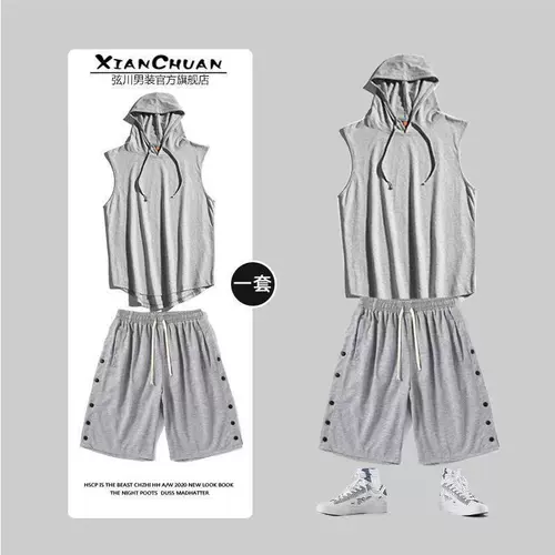 Летний комплект, толстовка с капюшоном без рукавов, жилет, спортивные шорты, штаны