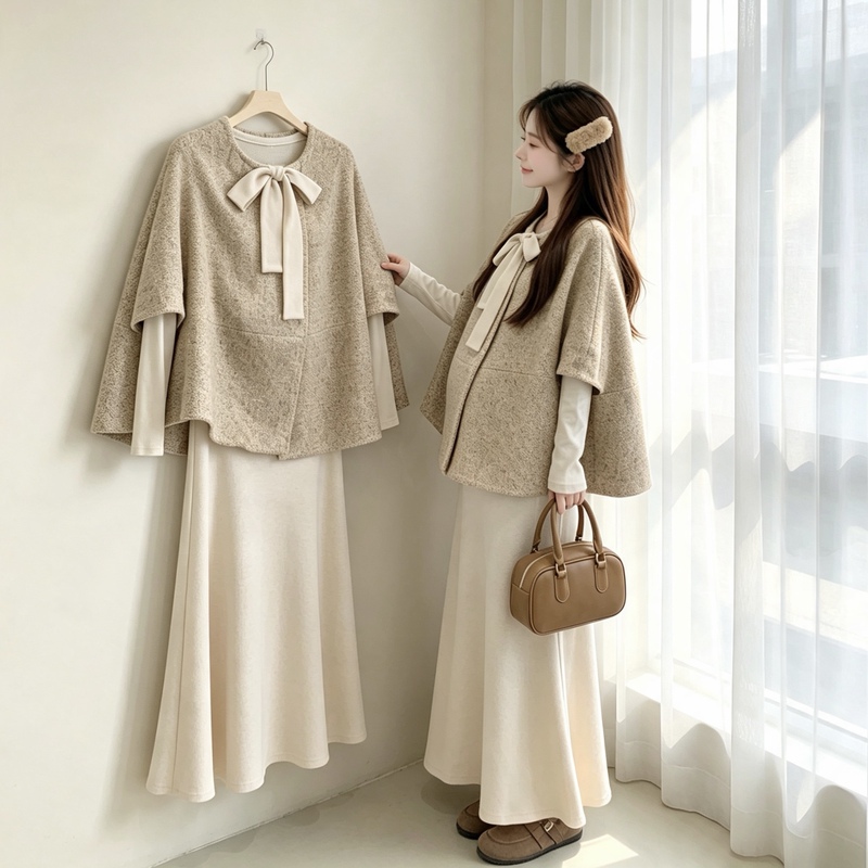 Pregnant Women's Autumn Outfit Set, New Stylish and Fashionable Cape Coat + Bow-Tie Dress, Trendy Two-Piece Set Pregnant Women's Autumn Outfit Set, New Stylish and Fashionable Cape Coat + Bow-Tie Dress, Trendy Two-Piece Set