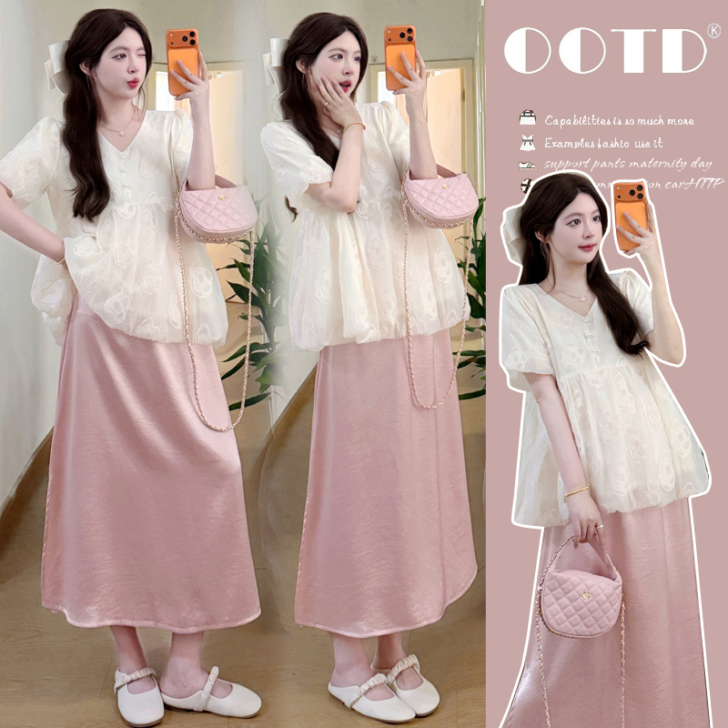Maternity Wear Summer New Style Sweet and Fashionable Puff Sleeve Jacquard Babydoll Top + Skirt Age-Reducing Set