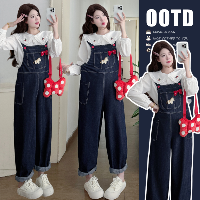 Maternity Wear Spring New Style Age-Reducing Fashionable Doll Collar Shirt Top + Embroidered Denim Overalls Casual Suit