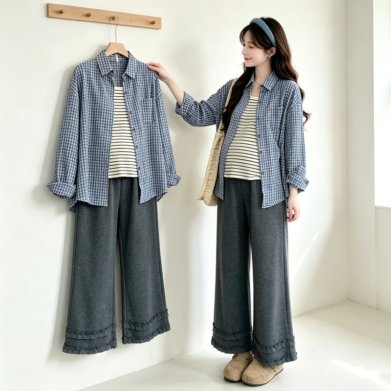 Maternity Autumn Outfit Set 2026 New Style Plaid Shirt + Striped Vest + Lace Wide-Leg Pants Stylish Three-Piece Set Maternity Autumn Outfit Set 2026 New Style Plaid Shirt + Striped Vest + Lace Wide-Leg Pants Stylish Three-Piece Set