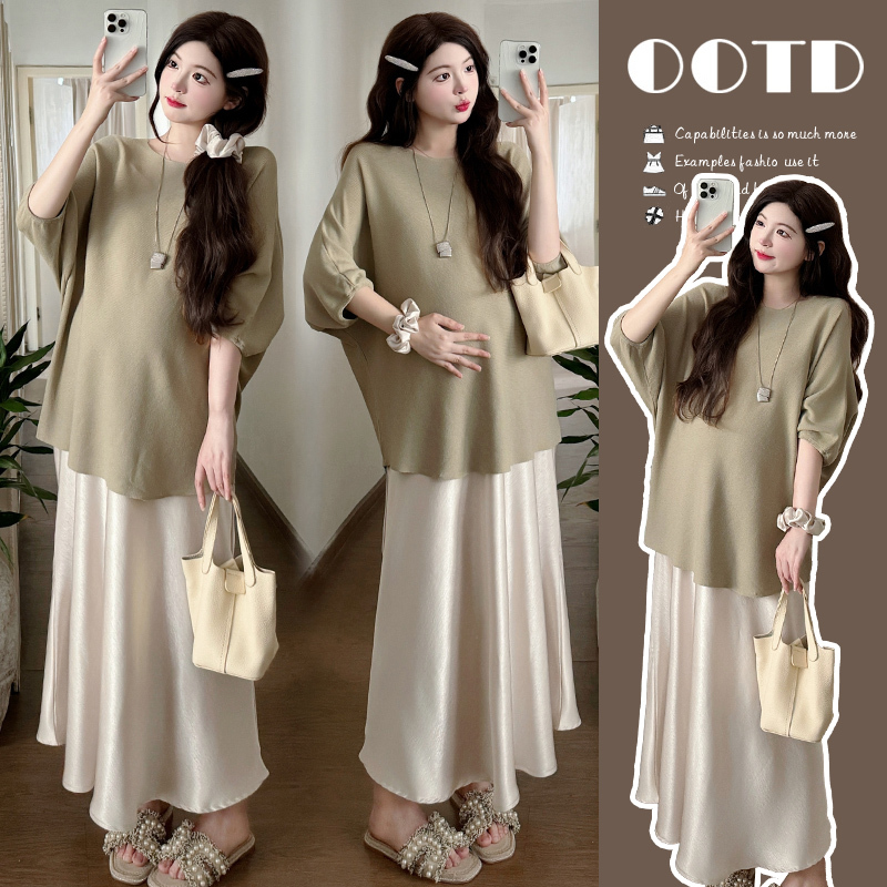 Maternity Wear Spring and Summer New Style Lazy Style Casual Loose Short-Sleeved Top + Satin Suspender Dress Set
