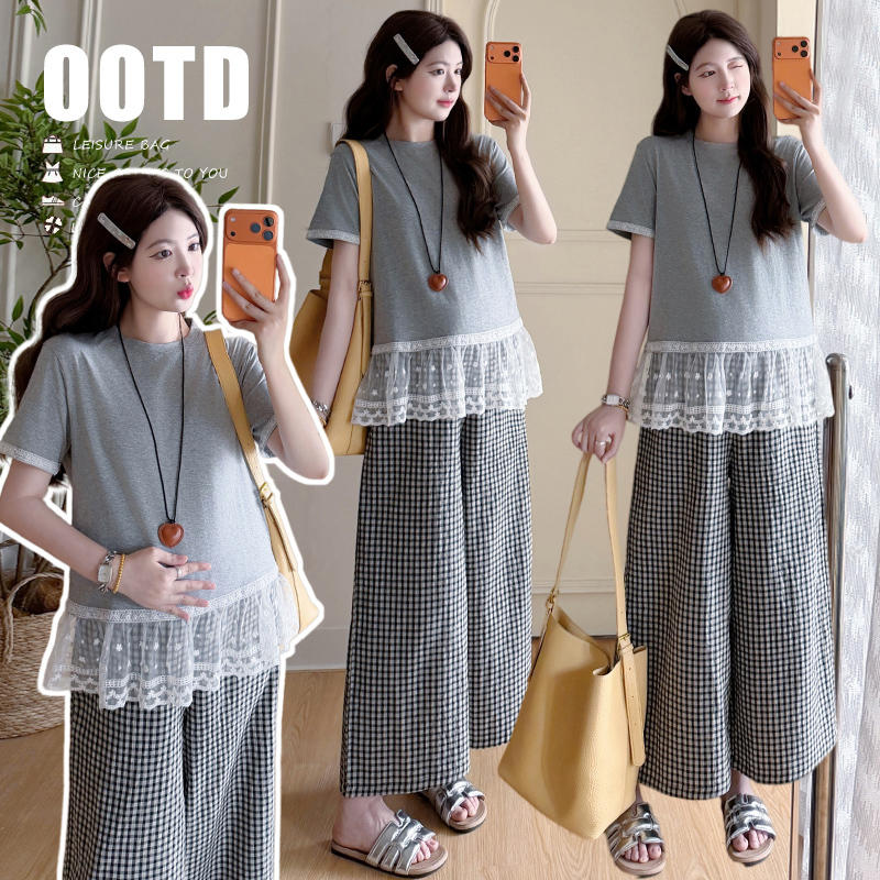 Maternity Wear Summer New Style Korean Fashion Short-Sleeved Lace Top + Plaid Wide-Leg Pants Set