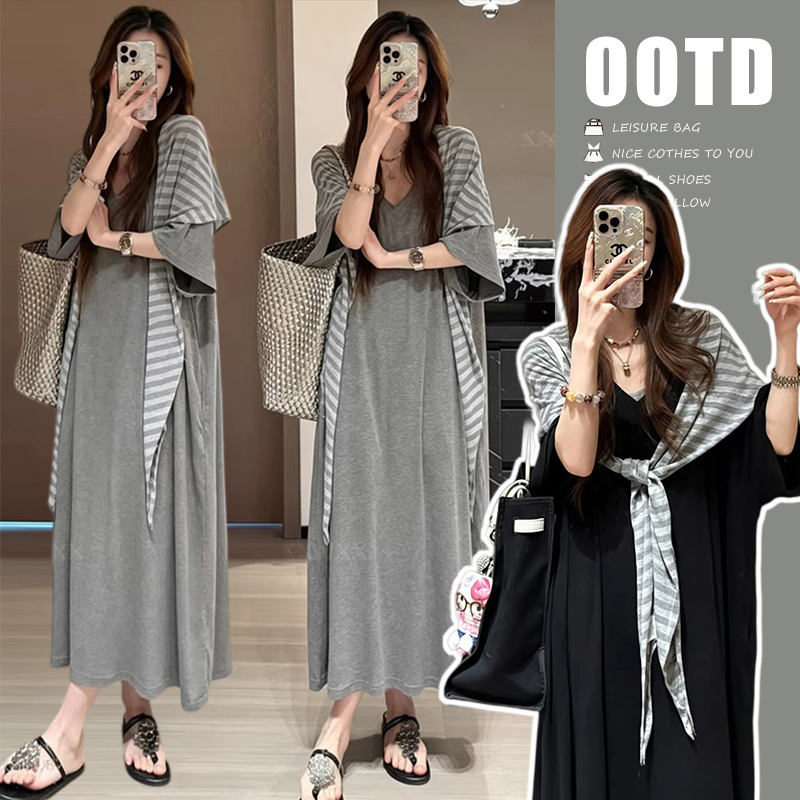 Maternity Wear 2026 Summer New Style Lazy Style Striped Shawl + Simple V Neck Loose T-Shirt Dress Mid-Length Maternity Wear 2026 Summer New Style Lazy Style Striped Shawl + Simple V Neck Loose T-Shirt Dress Mid-Length