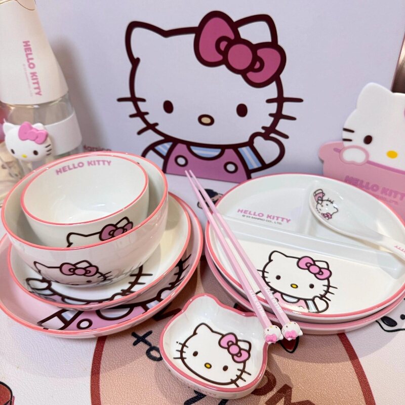 Hello Kitty Tableware Set as a Gift for Your Girlfriend, Complete Set of Hello Kitty Ceramic Rice Bowls, Chopsticks, Plates, Dishes, and Spoons