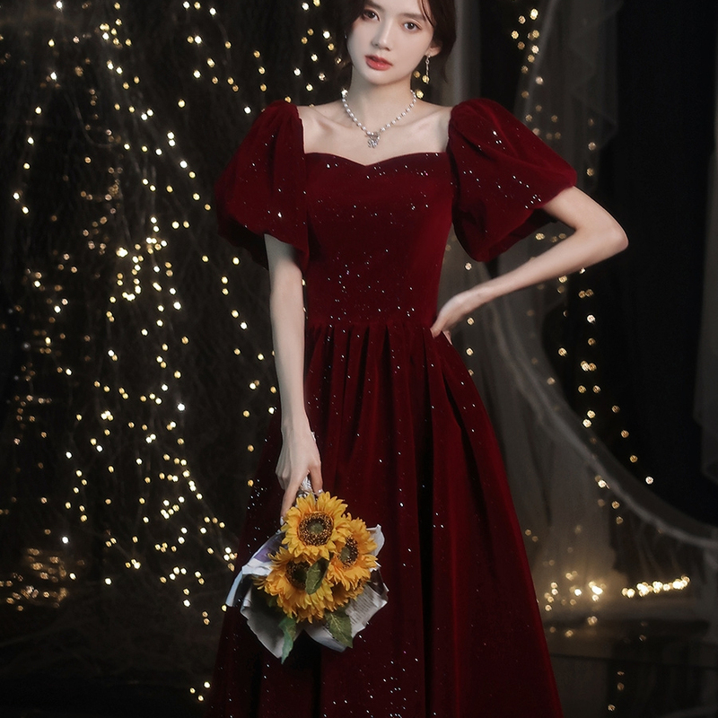 Plus Size Toast Dress Bride Princess Engagement Dress Women's Belly-Covering Burgundy Wedding Homecoming Evening Dress Banquet