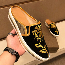 European station new cool printing embroidery semi-slippers mens Tide brand leather flat set foot heel bag head mens shoes