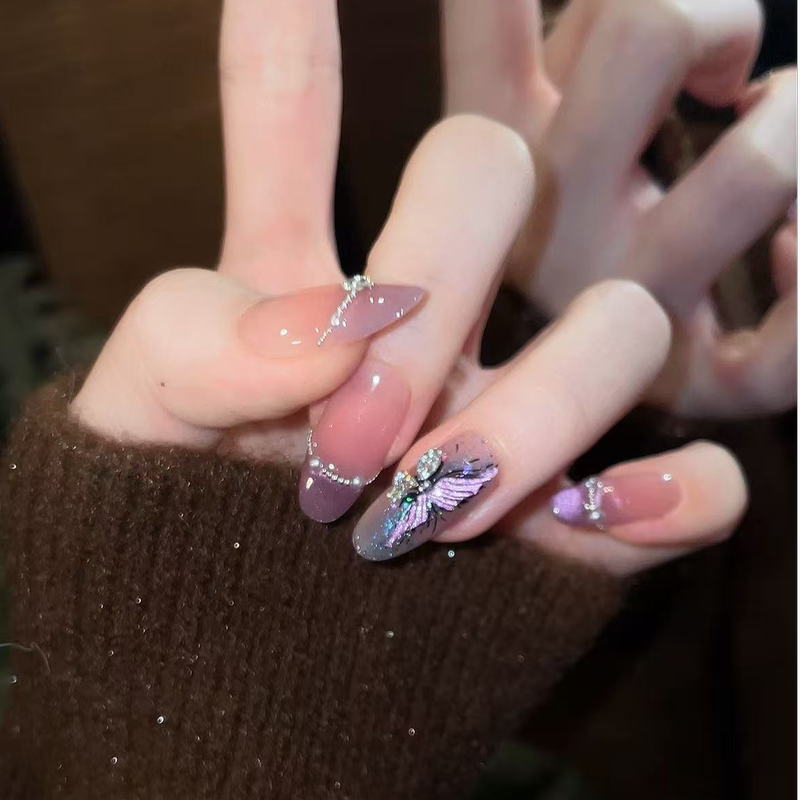 【Butterfly Nails】Handmade Wearable Nails 10-Piece Set Purple Butterfly Zircon Diamond Exquisite Manicure with a High-End Feel