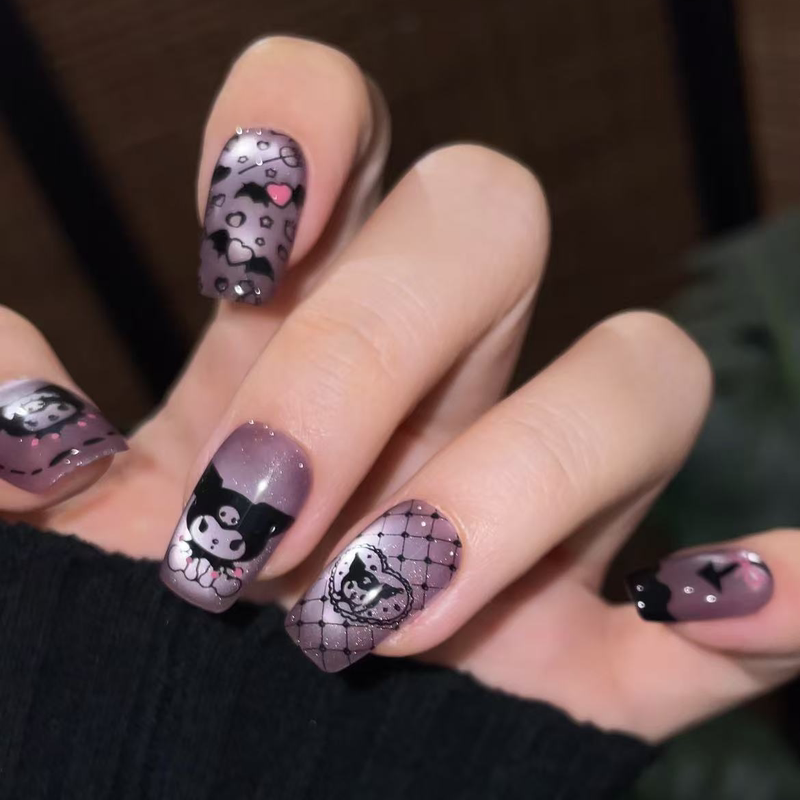 【Kuromi (Glossy Surface)】10-Piece Set of Handmade Wearable Nail Art with Cartoon Hand-Painted Purple Cute Girl Design